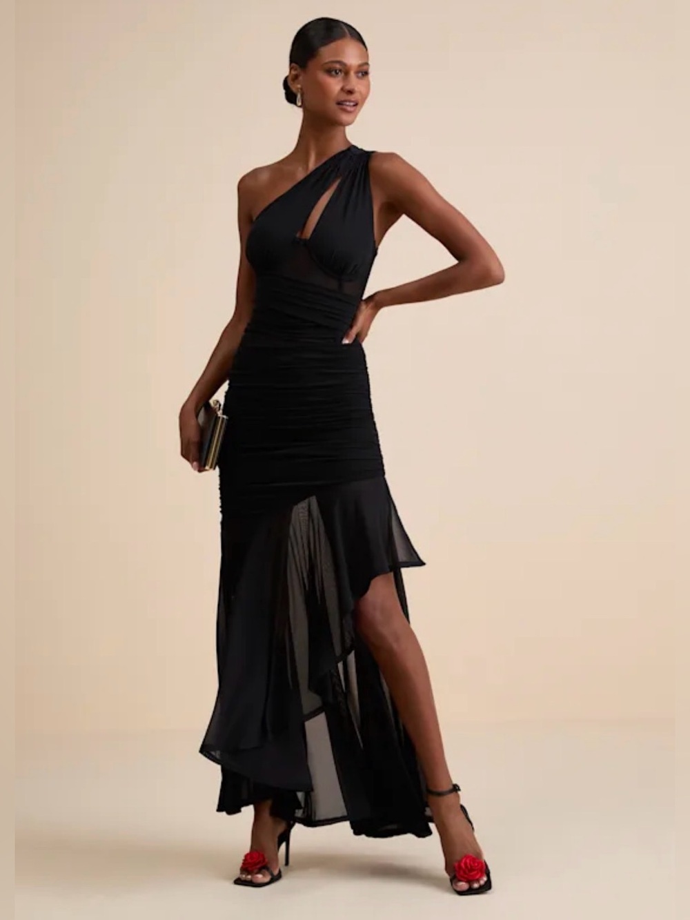 Lulus Marcellina Black Mesh Ruched One-Shoulder Maxi Dress Size M NWT